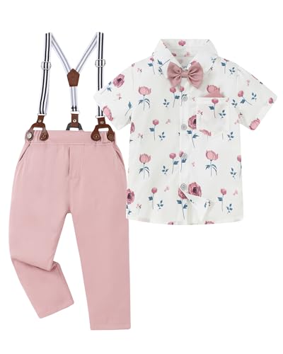 YUEMION Toddler Boy Clothes Suit Wedding Outfit Boys Dress Short Sleeve Shirt+Bowtie+Suspender Pants Kids Gentleman Formal Set (Pink print 4-5T)