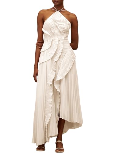 Image of Women Y2k Backless Long Dress Halter Tie Neck Maxi Dress Flowy Beach Sundress Summer Streetwear
