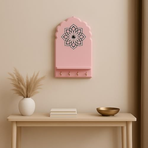 Image of Globally Indian Engineered Wood Keys Holder for Wall with Shelf, Mandala Design Key Stand Organizer for Home Entrance |Decorative Key Hanger for Wall, Entryway, Living Room |Floating Wall Shelf (Pink)