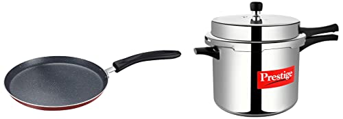 Image of Prestige Popular Aluminium Pressure Cooker, 10 Litres, Silver + Prestige Omega Deluxe Omni Tawa 250 Combo, 10 Liter