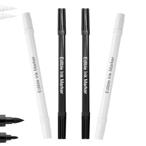 Edible Markers 4Pcs Black & White Food Grade Pens Double-Sided Fine & Thick Tips Edible Pens for Cookie Decorating, Fondant, Macaron,Halloween, Christmas Easter Eggs