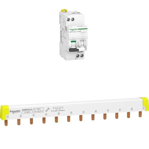 Bundle aus Schneider Electric A9D56616 FI/LS-Schalter iDPN N Vigi 1P+N, 16A, B-Char., 30mA, Typ A, 6kA + Schneider Electric A9XPH312 Phasenschiene Steg, ablängbar, 3P, 12 TE, 100A