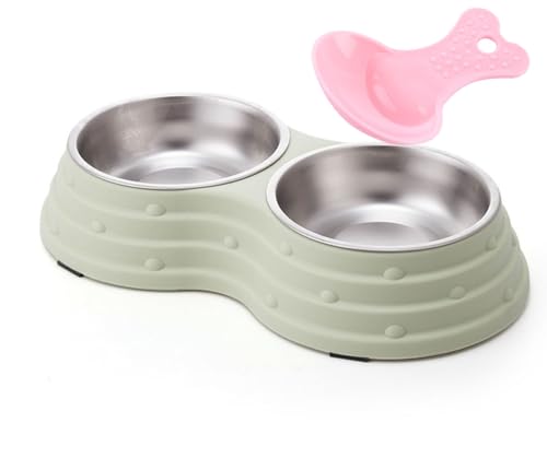 KuTi Kai Double Dog Bowls for Food and Water,Premium Removable Stainless Steel Double Bowls with Non-Slip Bottom and 1 Pet Food Scoop for Pet and Small Dogs Cats etc (Small, Green)