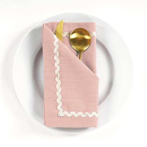 FINGERCRAFT Scallop Lace Cloth Napkins, Cotton Dinner Napkins 6 Pack Pink