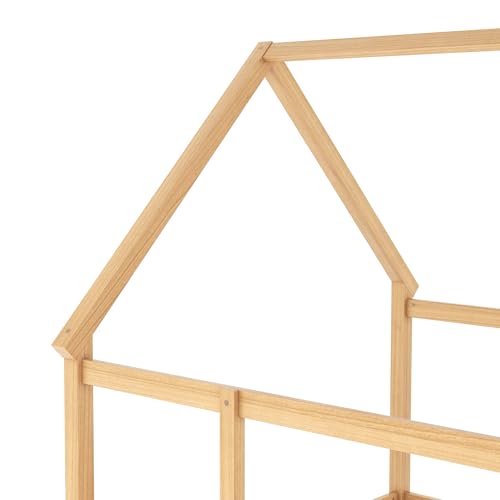 Image of Bellemave Kids Full Size Floor Bed with House Roof Frame and Safety Fence, Wooden Montessori Bed, Low Profile Playhouse Bed for Boys Girls Bedroom (Natural)