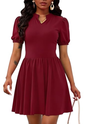 Image of Women's V Neck Summer Dress Puff Short Sleeve Flowy Stretchy Flowy Comfort Fit for Daily Wear Work Midi Casual Dresses