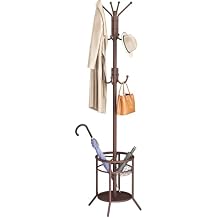 ELYKEN Coat Rack Freestanding, Metal Coat Rack Stand with Umbrella Holder, Modern Coat Tree with 12 Hooks, Floor Standing Corner Hall Tree for Entryway Living Room Bedroom Office, Brown