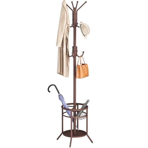 ELYKEN Coat Rack Freestanding, Metal Coat Rack Stand with Umbrella Holder, Modern Coat Tree with 12 Hooks, Floor Standing Corner Hall Tree for Entryway Living Room Bedroom Office, Brown