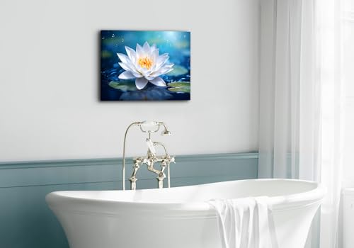Image of Lotus Flower Wall Art Zen Bathroom Pictures Wall Decor Nature Water Blooming White Floral Canvas Painting Blue Meditation Room Decor Spiritual Spa Yoga Artwork Home Living Room Decorations 12x16 inch