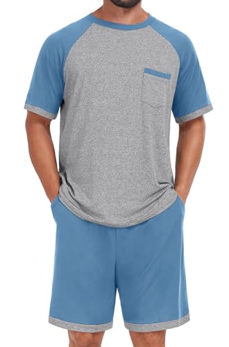 Image of Mens Pajamas Set Lightweight Summer Pjs Sleepwear Soft Comfy Short Sleeve Loungewear With Pocket (S-4X)