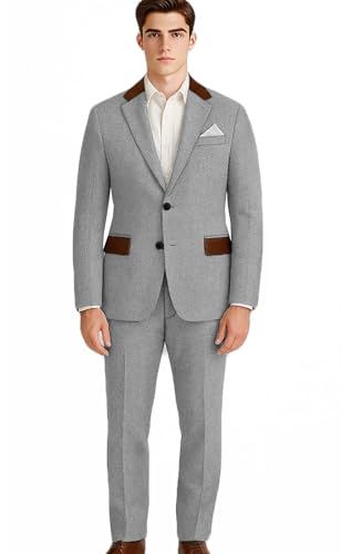 VENNYNG Men's Wedding Party Tweed Suits with PU Leather Retro Vintage Formal Herringbone Blazer Pant Set 2 Piece