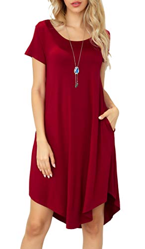 Image of Women Casual Loose Soft Crewneck Short Sleeve Pockets Swing T-Shirt Dress