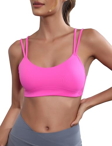 Image of Yoga Sports Workout Bras for Women Seamless Molded Cup Spaghetti Double Strap Bra Wirefree Scoop Neck Tank Top Bras