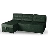 Sofá Cama 3 plazas chaise longue con 2 cubrecamas 196x145 cm verde oscuro - sofá esquinero izquierda, superficie para dormir 196x140 cm, en tejido de terciopelo - sofa 3 plazas, para salón