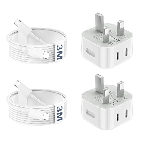 USB C Charger for iPhone 17 16 15 20W Fast Charger USB C Plug & 3M USBC Cable 2 Pack Type C Dual Ports UK Wall Phone Charging Power Adapter Head Lead for iPhone 17/16/15 Air Plus Pro Max/iPad/Samsung