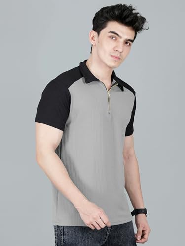 Image of London Hills Men's Loose Fit Half Sleeve Color Block Polo T-Shirt with Zip Collar | Premium Polyester Fabric | T Shirt for Man | Tshirt | Shirts Men | Tshirt for Man | Men T-Shirts