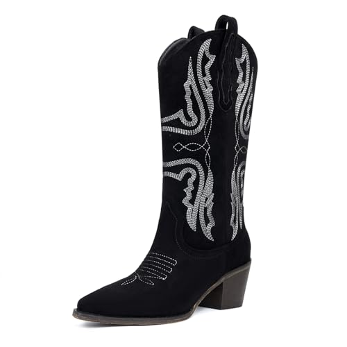 CKSNDLF Women's Cowboy Boots Western Mid-Calf Cowgirl Boots with Classic Embroidered Pointed Toe Block Heel Pull-On Shoes