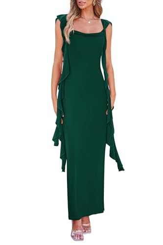PRETTYGARDEN Women's 2025 Summer Wedding Guest Dress Sleeveless Ruffle Formal Cocktail Party Maxi Bodycon Dresses (Dark Green,X-Large)
