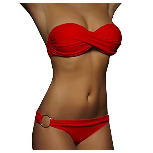 Conjunto de bikini push-up de 2 piezas para mujer, traje de baño con cintura alta, parte superior de bikini, moda de playa, bikini a rayas sin tirantes, rojo, S