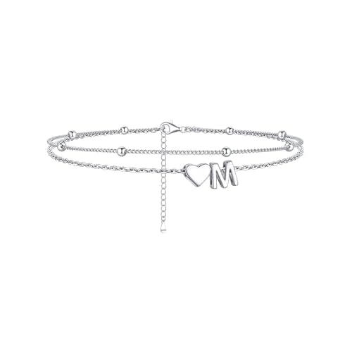 ChicSilver Sterling Silver Anklets for Women Hypoallergenic Womens Ankle Bracelets for Women Layered Heart Anklet With Initials Womens Anklets Jewelry for Mom Wife 01.M