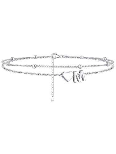Image of ChicSilver Sterling Silver Anklets for Women Hypoallergenic Womens Ankle Bracelets for Women Layered Heart Anklet With Initials Womens Anklets Jewelry for Mom Wife
