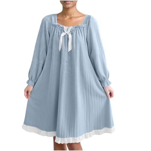 Fall Winter Warm Nightgowns for Women Flannel Victorian Old Fashioned Pleated Lace Ruffle Cute Sleepdress Loungewear Blue