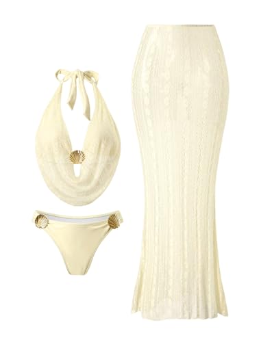 Image of ZAFUL Women's 3 Piece Floral Swimsuit Draped Neck Halter Bikini Tie Side Bathing Suit with Sheer Cover Up Skirt