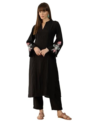 Image of INDO ERA Women's Red Embroidered Silk Blend Straight Co-Ord Set (IESTR6841)