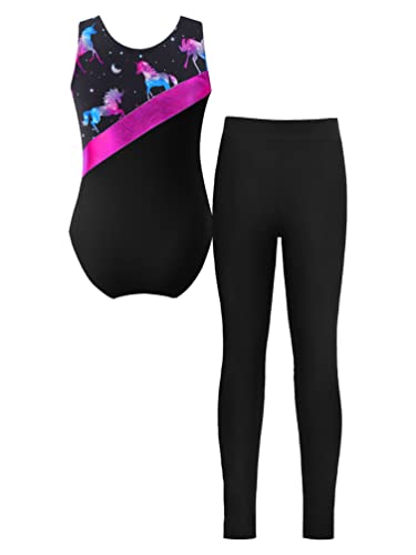 Hulija Kids Girls Printed Sleeveless Gymnastics Leotard With Leggings 2 Pcs Outfit For Dance Workout Rose 14 Years #TOP11