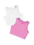 Milumia Girls Shirt 2 Pack Ribbed Knit Round Neck Casual Baisc Crop Tank Top (White and Pink, 7 Years, Sleeveless)