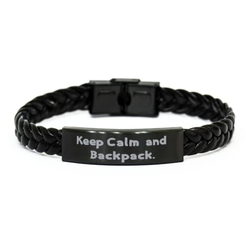 Keep Calm and Backpack. Braided Leather Bracelet, Backpacking Engraved Bracelet, Unique Idea Gifts for Backpacking, Outdoor Gear, Hiking, Camping, Travel