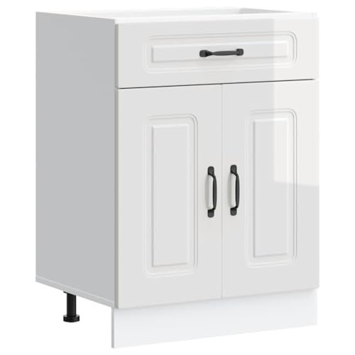 vidaXL Armoire de Cuisine Kalmar Blanc Brillant Bois ingénierie, Meuble Bas d'évier, Meuble Bas de Cuisine avec tiroir, Meuble Bas de Cuisine avec Porte
