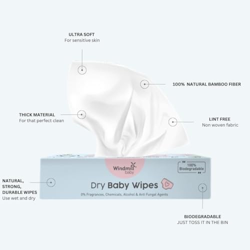 Image of Windmill baby Natural Dry Baby Wipes, 100% Hypoallergenic Chemical Free Wipes, Fragrance Free, for rash free diapering, perfect for newborns, 20cm x 20cm - Pack of 6 (72 count each)