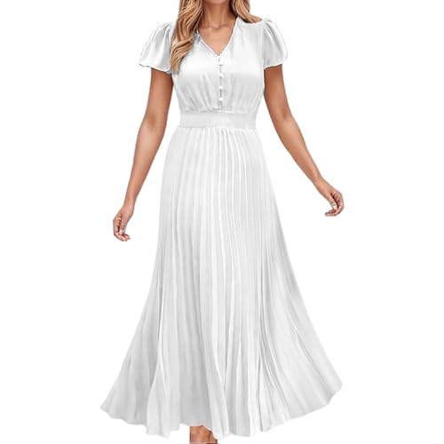 Robe longue trapèze plissée col montant manches bouffantes pour femme