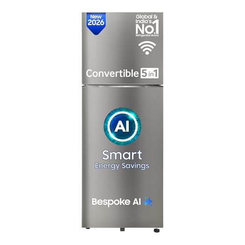 Image of Samsung 330 L, 2 Star, Convertible 5-in-1, Digital Inverter, Frost Free Double Door, WiFi Bespoke AI Refrigerator (RT34HG5A42SLHL, Silver, Ez Clean Steel, 2026 Model)