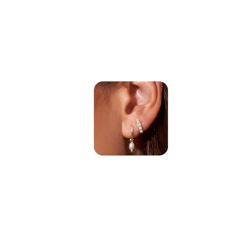 Image of Gold Plated Earrings for Women, 14k Gold Plated Earring Stack Hypoallergenic Pearl Drop Earring Dainty Earrings for Women Trendy Cute Small Huggie Hoop Earring Fashion Womens Jewelry