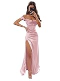 Women's Off The Shoulder Prom Dresses Long with Slit Mermaid Blush Pink Satin Ball Gown Formal Wedding Guest Evening Dresses Size 4