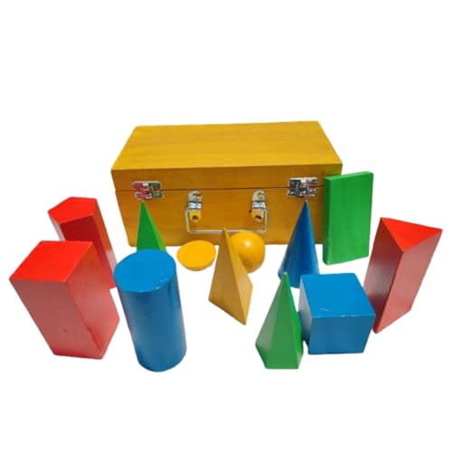 Image of Wooden Geometric Shapes Set for Students & Teachers | 12-Piece 3D Geometry Model Kit in Box | Educational Math & Physics Teaching Aids | Yellow Polished | Made in India (Multicolor, small)