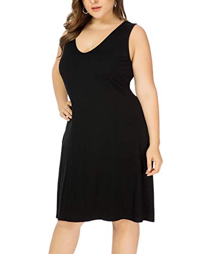 Image of Women Plus Size V Neck Sleeveless Floral Print Pocket T Shirt Dresses Casual Midi Tank Dress Beach Cover up Sundress (XL-5X)