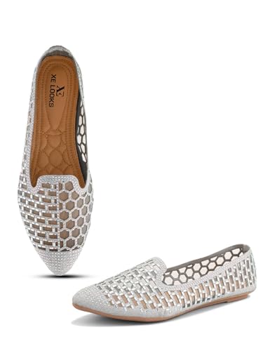 Image of XE Looks Elegant Rhinestone Studded Bellies | Hexagonal Cutout Pattern | Chic & Comfortable Slip-On Bellies For Girls & Womens