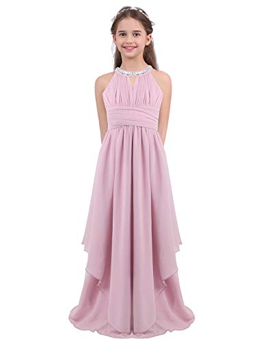 TiaoBug Flower Girl Dress Beading Neckline High-Low Hem Wedding Bridesmaid Dance Prom Party Gown Light Pink 8 Years