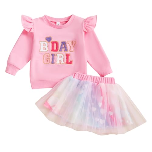 MAINESAKA Toddler Birthday Outfit Baby Birthday Girl Skirt Set Letter Embroidery Long Sleeve Sweatshirt With Tulle Skirt (B-Pink, 5-6 Years)