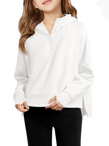 Haloumoning Girls Athletic Quarter Zip Fleece Hoodies Kids Side Slits Sweatshirts Thumb Hole Pullover Tops 5-14 Years