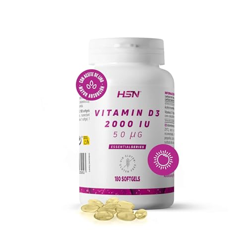 HSN Vitamina D3 2000 UI (50mcg) | 180 Perlas | Vitamina D Colecalciferol | Softgels con Aceite de Lino para Mayor Absorción | No-GMO, Sin Gluten ni Lactosa