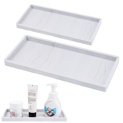 Invalidism 2 Pcs Bathroom Tray Organiser (7.8 and 11.8) Silicone Vanity Tray Shatterproof Sink Tray Countertop Organizer for Cosmetic Kitchen Bath Table Candles Towel Soap Perfume Jewelry (Marble)