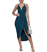 LYANER Women's V Neck Ruched Wrap Slit Hem Sleeveless Spaghetti Strap Midi Bodycon Dress