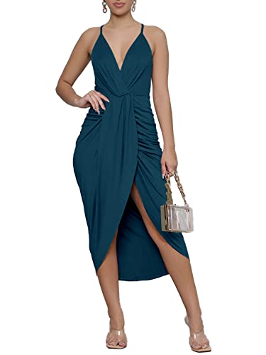LYANER Women's Boho V Neck Ruched Wrap Slit Hem Sleeveless Spaghetti Strap Midi Bodycon Dress
