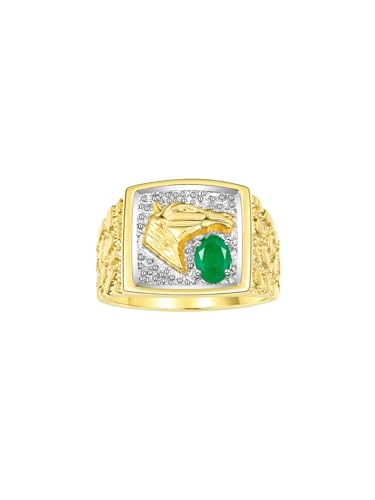 Image of Rylos Men's Yellow Gold-Plated Sterling Silver Lucky Nugget Horse Head Ring with 6X4MM Gemstone and Diamonds - Birthstone Elegance for Men, Sizes 8-13 Available
