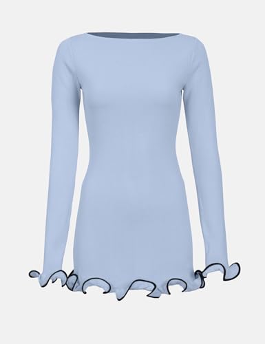 Image of ISZPLUSH Women's Sexy Bodycon Ruffle Hem Knit Dress Crew Neck Long Sleeve Slim Club Party Mini Dress