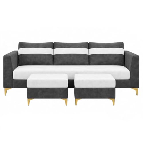 Image of FURNY Nova 5 Seater L Shape Sofa Set with 2 Movable Ottoman | Flexible Left or Right Layout | Plush Velvet Fabric (Dark Grey-Light Grey) | Perfect for Living Room, Guest Room & Office